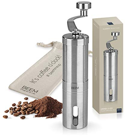 BEEM GRIND-2-GO Manuelle Kaffeemühle – 40 g | Kegelmahlwerk | Mahlgrad-Einstellung stufenlos | Baumwollbeutel | Kaffeemühle manuell | Edelstahl | Kaffee