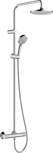 hansgrohe Vernis Blend - Duschsystem mit Thermostat, Regendusche (205 mm) mit Armatur, Handbrause (2 Strahlarten), Schlauch, Brausestange und runder Kopfbrause (1 Strahlart), Chrom, 26276000