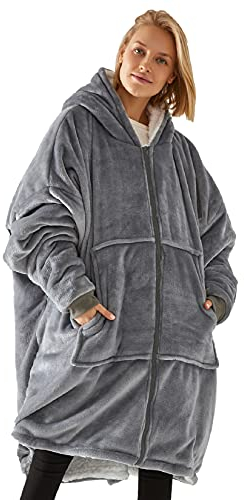 RITOSTA Oversized Blanket Hoodie - Unisex Sherpa Fleece Wearable Sweatshirt With Zipper Pocket - Warm Sweater for Teenagers Adults (Grey, One Size)