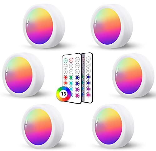 Luz Led Armario Pilas con Mando a Distancia, 6 piezas Luces Led RGB Vitrina Sin Cable Foco Luz a Pilas Pulsador Luces Cocina Bajo Mueble Sin Enchufe Inalambricas Iluminación Led Estanteria Adhesiva