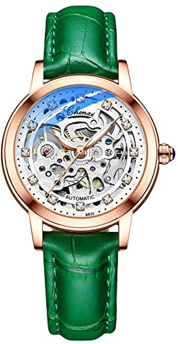 rorios Damklockor vattentät mekanisk automatisk klocka med läderarmband Skelett Tourbillon klockor mode lysande klockor för flickor kvinnor, Grön, Bälte