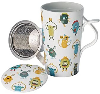 Teemando® Taza de té de hierbas gigante de porcelana Happy Monsters, con filtro de acero inoxidable y tapa, 0,4 l