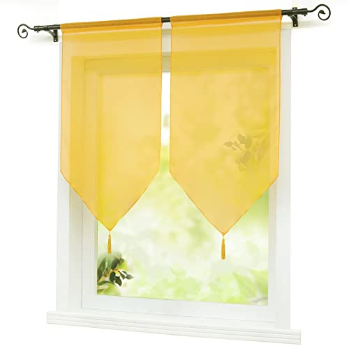 ESLIR Scheibengardinen Set Transparente Bistrogardine küche Gardinen mit Tunnelzug Modern Vorhänge Voile Uni Gelb BxH 45x90cm x2 (2 Stück)