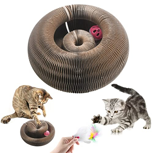 LLGLEU Magic Kratzpappe für Katzen, 2-in-1 Kratzmatte mit Glöckchen und Spielmaus, Katzenspielzeug Rund Bett, Cat Scratching Board, Recyceltes Wellpappenpapier Interaktives Kratzspielzeug pappe