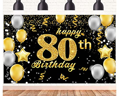 Happy 80th Birthday Banner,80th Birthday Decorations Black Gold,Party Backdrop Banner Fabric Banner.for Men Women 80thBirthday Photo Backdrop,Photography Background,Outdoor Garden Table Wall Decor