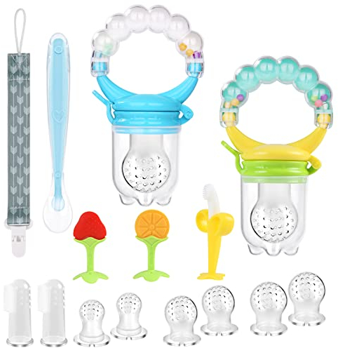 Vicloon Fruchtsauger Baby,15StückFruchtsauger Set mit Schnullerkette,6 Silikon Sauger Ersatz,5 Beißring Spielzeug,Babylöffel,BPA-freie fruchtsauger schnuller für Obst, Gemüse und Beikost-BlauGrün