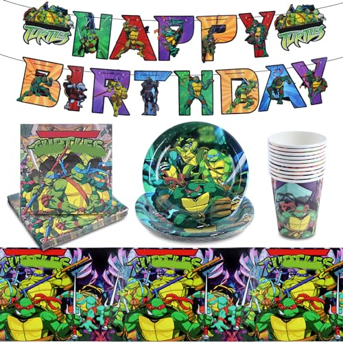 42 Pcs Turtles Partygeschirr Set, Kindergeburtstag Pappteller Becher Servietten, Tischdecke, Banner Happy Birthday, Geburtstag Deko Junge
