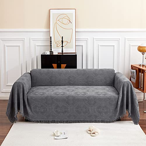 GAOWEI Groß Sofaüberwurf Decke für 3 Sitzer Sofa mit Dekorativen Quasten, Doppelseitige Sofa Cover Couch Überwurf für Sofa und Bett, Rautenmuster mit Blättern und Blumen - Grau, 180 x 300 cm
