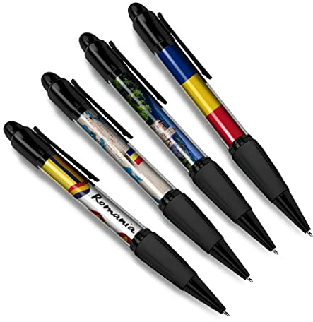 DV DESIGN Set di 4 penne a sfera nere con bandiera rumena, mappa della città, paese, vacanze, viaggi, amici, ragazzi, ragazze, uomini, donne, #79537