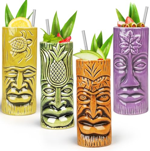 Keramik Tiki Tassen Set, 4 Stück Exotische Cocktailgläser mit Strohhalmen, Hawaii Party Trinkbecher für Mai Tai und Pina Colada, Professionelle Barware