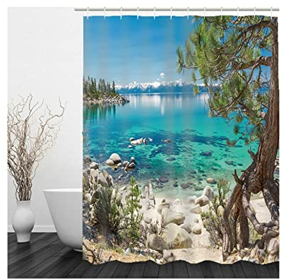 Whoiy Duschrollo Blau, Duschvorhang Eckdusche 150X180cm Polyester Duschvorhänge Landschaft Am See für Badezimmer Badewanne