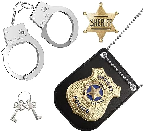 Dereine Menottes Enfant, Jouet de Jeu Rôle Policier, Police Costume Accessoires, Police Equipement Accessoires Enfant, Policier Badge Menottes en Métal, pour Fête Halloween Cosplay Jeux