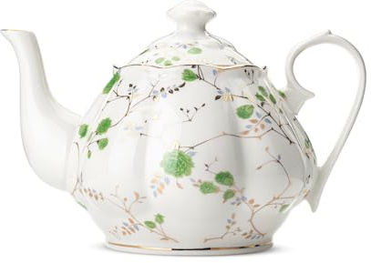 BTaT- Tetera floral, 38 onzas, color blanco con rosas verdes y borde dorado, tetera de porcelana de cerámica, apta para lavavajillas