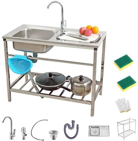 Lavello Da Cucina In Acciaio Inossidabile Esterno Lavello Da Cucina Commerciale Con Rubinetto E Spazzola Di Spugna Lavandino Da Giardino Con Banco Di Lavoro E Ripiani Facile Da Montare Per Il Garage (