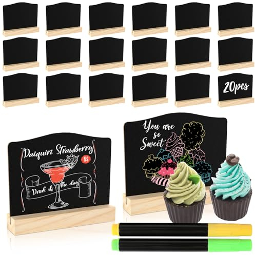 20 Stück Mini Kreidetafel mit Ständer, Kleine Tafel zum Beschriften, Abwischbare Mini Tafel Set für Tischkarten Preisschilder Platzkarten Aufsteller für Bar Café, Buffet (Wellig,7.5 x 10cm)