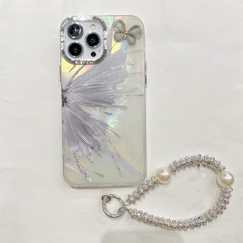 Bakicey Hülle für iPhone 12 Pro Max,Blumen Schmetterlinge Durchsichtig Design Glitzer Kristall Handyhülle mit Süßes Perlenkette Mädchen Kratzfest Stoßfest Case Cover für iPhone 12 Pro Max,Lila