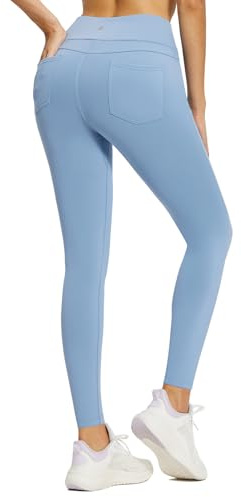 baleaf Legging doublé en Polaire pour Femme - Thermique - Chaud - Taille Haute - Contrôle du Ventre - Pantalon de Course avec Poches - Jeggings, Bleu délicat, XL