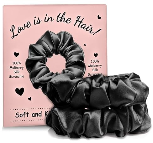 Seide Haargummi - Seiden Haargummis aus 100% Maulbeerseide, Scrunchie, Silk Hair Ties aus Mulberry Silk, Haarband aus Seide zum Schlafen, Scrunchies für Haare ohne Haarbruch, 2er-Pack (Schwarz)