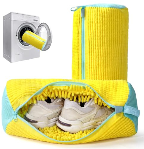2-Pack Shoe Washing Machine Bag for Laundry & Dryer - Reusable Fluffy Lining for 360° Cleaning, Noise-Reducing Protection for Sneakers, Tennis Shoes, Drum-Safe (Yellow)