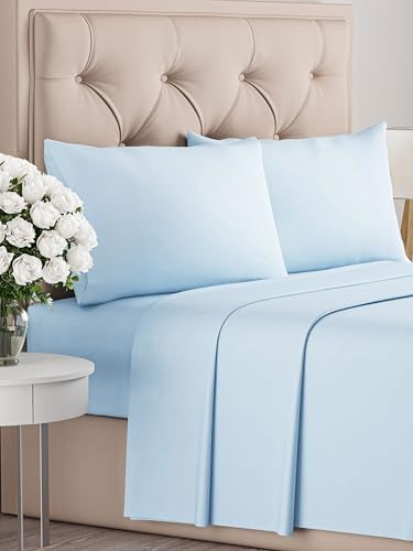Juego de sábanas 4 piezas - sábana ajustable 150x200, sábana encimera 270x260, 2 fundas de almohada 50x80 - microfibra poliéster suave y duradera - apto colchones hasta 35 cm - OEKO-TEX - Azul claro