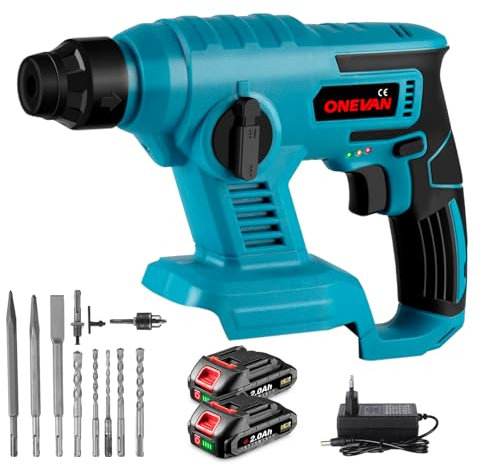 ONEVAN Akku Bohrhammer Bohrmaschine, 2 Funktionen Schlagbohrmaschine und Abbruchhammer mit 2 2000mAh Akkus, Akkubohrer Stemmhammer Bohrhämmer