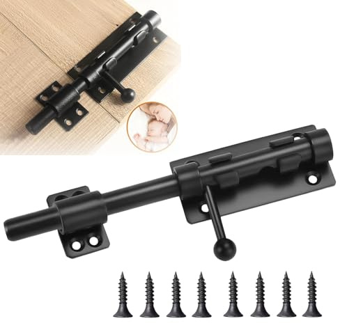 Luckwaii Heavy Duty Slide Gate Latch Bolt with Padlock Hole, 8 Inch Black | Safety Door Lock Bolt 195MM Length Latch Lock SUS304 Stainless Steel Slide Bolts Lock with Screws for Bedroom Toilet