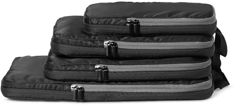 Amazon Essentials Ultralight Compression Packing Cubes, Recycled Fabric, 2 Zippers, 4-Pack, Black, for Suitcases or Backpacks