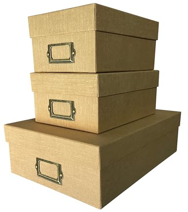 TIDY UP Aufbewahrungsboxen für Dokumente, 3 Stück, starre Aufbewahrungsbox mit Deckel und Etikett, Organisation für Büro und Zuhause, strukturierter Karton, stapelbar (BEIGE)