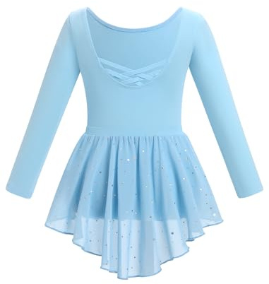 Vêtements de Ballet pour Enfants Robe Leotard Danse Justaucorps Jupe à Paillettes Deux Pièces Manches Longues Ballerines Fille Bleu 110cm