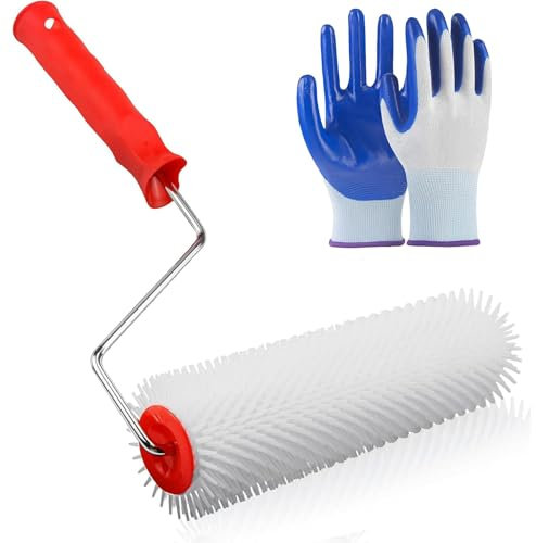 YOYEAH Rouleau de purge pour masse de nivellement de 23 cm - Longueur des pointes : 14 mm - Avec gants en nitrile, rouleau de purge et rouleau à picots - Masse de compensation pour revêtements de sol.