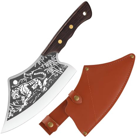 Hackmesser Kochmesser handgeschmiedetes Metzgermesser mit Klinge aus Tigermuster Outdoor-Messer aus Kohlenstoffstahl mit Lederscheide und Full Tang Wenge Holzgriff für Zuhause, Camping, Grill