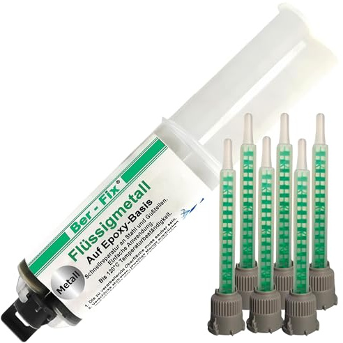 Ber-Fix Flüssigmetall Epoxidkleber 25g + 6 Düsen metallgefüllt Reparatu | Flüssigmetall Epoxidkleber 25g + 6 Mischdüsen metallgefüllt Reparatur: Flüssigmetall für metallähnliches Füllen