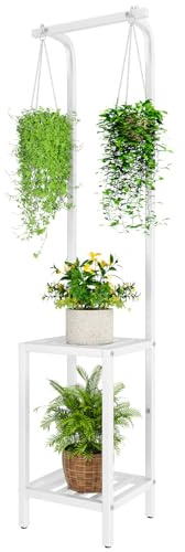 IBUYKE 170cm de Haut Support pour Plantes d'Intérieur et d'Extérieur, 3 Étagères Suspendues Support Pot de Fleurs en Métal, Étagère à Plantes pour Salon Balcon Jardin, Blanc TMJ076W