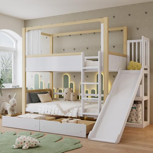 Luonians Lit superposé Enfant 2 Places 90x200,Lit Mezzanine 2 Places,lit Enfant avec Rangement lit Double Enfant,Deux tiroirs à roulettes,avec Toboggan,supérieur avec Rideau en Tissu,Blanc + Naturel