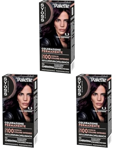 Syoss by Palette Colorazione Permanente 3-3 Viola Profondo, Colorazione capelli permanente con Cheratina, per 100% copertura dei capelli bianchi e fino a 100 giorni di colore intenso (Confezione da 3)