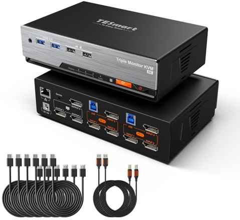 TESmart 8K@60Hz DP KVM Switch 3 Monitors 2 Computers USB 3.0, Support EDID | KVM Switch Triple Monitor 2 Computers DisplayPort 1.4, 1G Ethernet, Hotkey Switch, 4K@144Hz 2K@144Hz for Gaming&Home Office