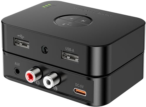 Boannice Receptor de Audio Bluetooth 6.0 con Puerto de Carga USB, Salida Sincronizada Dual-Link y AUX/RCA, Micrófono con Cancelación de Ruido de Ultra Alta Definición