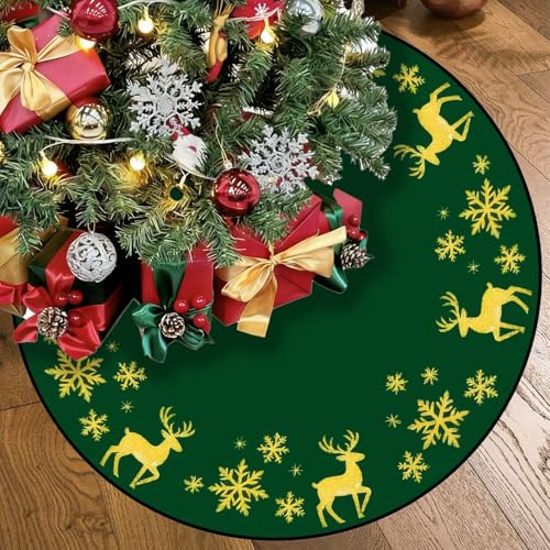 Christmas Green Tree Skirt 48 Inch for Indoor Outdoor Decorations Christmas Yellow Elk Skirts Mat with Snowflake Design Ornaments Xmas Tree Skirts Decorations Holiday Party Deco