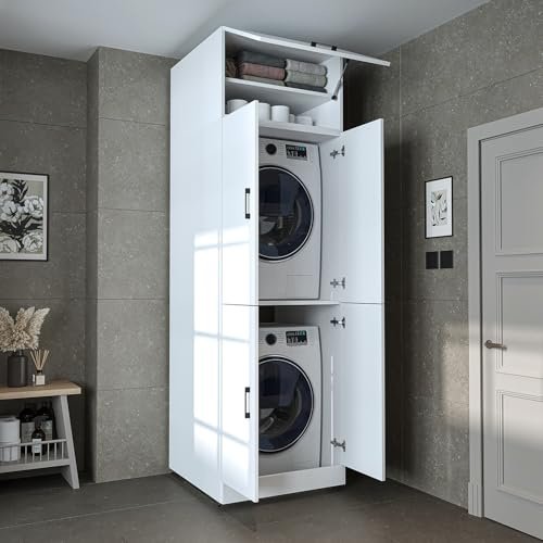 ROOMART Waschmaschinenschrank Dora für Waschmaschine & Trockner, mit Regalböden, 5 Farben wählbar (Weiß, Mit Aufsatzschrank: (HBT): 230 x 70 x 73,8 cm)