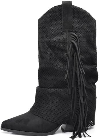 IF Stivaletti Texani Donna Arricciati con Effetto di Sovrapposizione, Decorazione Esterna Traforata, Frange e Tacco Medio G713 nero N.39
