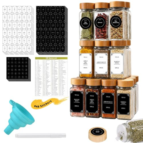 Veebmys 24 Piezas Botes Especias de Cristal 120 ml, Contenedores Herméticos para Hierbas y Condimentos con Tapas de Bambú, 648 Etiquetas, Embudo y Bolígrafo, Para Cocina y Camping