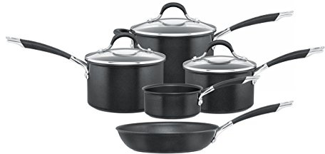 Circulon Momentum Aluguss Topfset Induktion mit Milchtopf & Bratpfanne - Soft-Grip-Griffe, Deckel aus gehärtetem Glas - Ofenfest, Spülmaschinenfest -hartanodisiertes Kochgeschirr Set 5 Teile, Schwarz