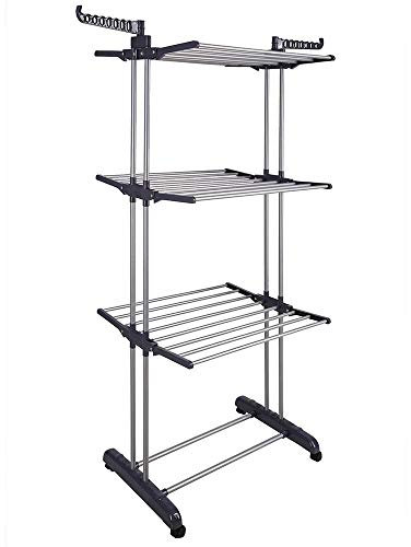 QUEEN ROSE Stendibiancheria a Torre da Interni con Ruote, Appendiabiti Regolabile 3 Livelli, Stendino Verticale, Grigio