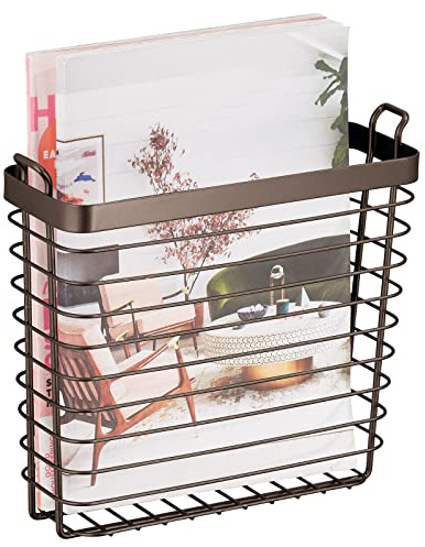 mDesign Metal Wire Farmhouse Wall Mount Magazine Holder, Home Storage Organizer - Space Saving Rack for Magazines, Books, Newspapers, Tablets in Mudroom, Bathroom, Office - Bronze