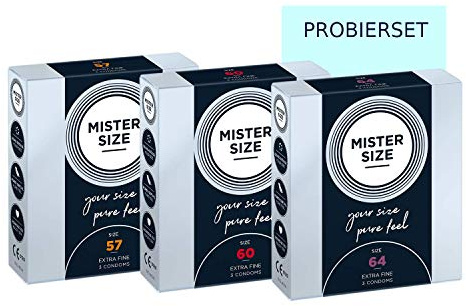 MISTER SIZE Kondome gefühlsecht hauchzart (57-60-64) 3x3 Probierset/extra dünn & extra fein/Kondom aus 100% Naturkautschuk-Latex in deiner Größe XL - XXL breitere Vielfalt
