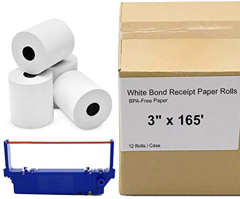 12 Roll Case of 3 x 165' Clover White Bond Receipt Roll Paper for Star SP700 Printer and 1 Star RC700BR Black/Red Printer Ink Ribbon