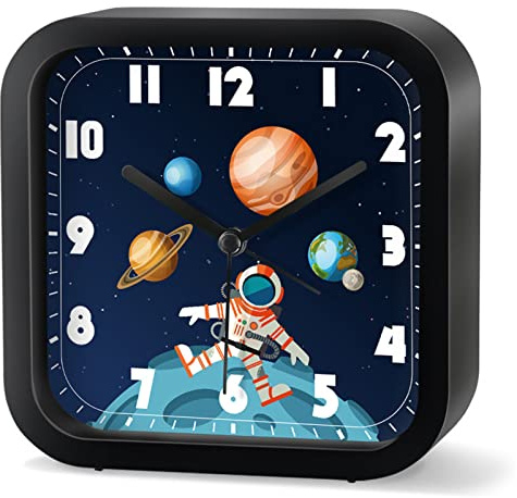 EXQULEG Analoger Wecker für Kinder, Kinderwecker Ohne Ticken, Platz Wecker mit Raketen Astronautmotiv Wecker für Junge Mädchen und Schüler (NZA177 Schwarz)
