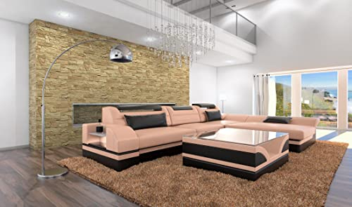 Ecksofa Monza L Form Ledersofa Sofa - mit LED Beleuchtung, verstellbare Kopfstützen, Recamiere/Lederfarben wählbar/Ausrichtung wählbar (Ottomane rechts, Aprikot-Schwarz)