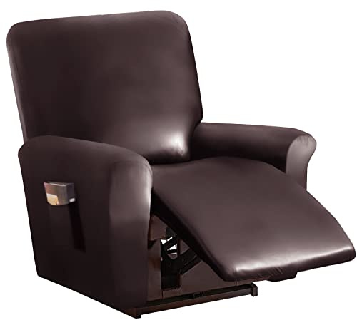 GUYIRT Relaxsessel Bezüge, PU-Leder Ruhesessel Couchbezug, 4 Stück wasserdichter Stretch Sesselhusse mit Seitentasche für Wohnzimmer -Tiefer Kaffee