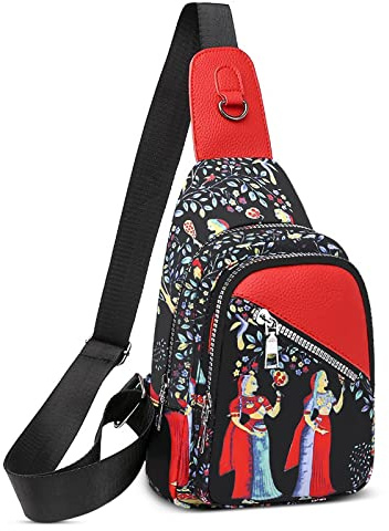 VARLIVOO Femme Sling Bag Sacs à Bandoulière pour Dames Sac de Poitrine Mignon Motif Petit Crossbody Bag Voyager Randonnée Sport Gym Sling Sac à Dos Imperméable Polyester Rouge A